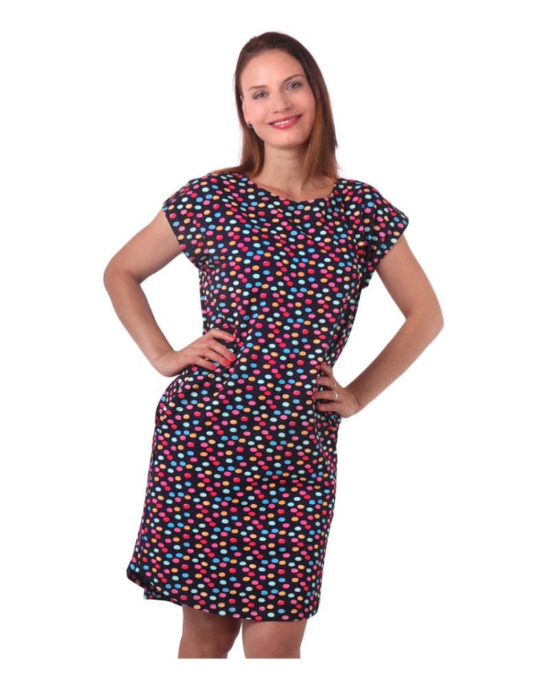 Robe Zoe à poches pour femme, coupe ample, pois de couleur sur fond bleu S/M