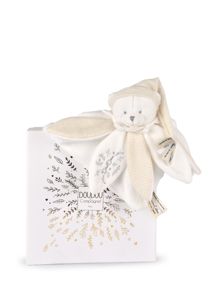 Doudou Dárková sada Plyšový muchláček medvídek s čepičkou 25 cm béžový