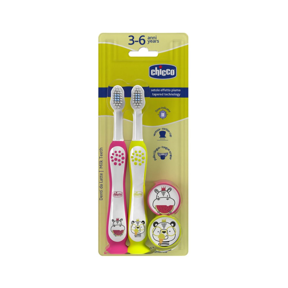 CHICCO Set di spazzolini da denti per bambini Hippo-Panda 3-6 anni, 2 pz