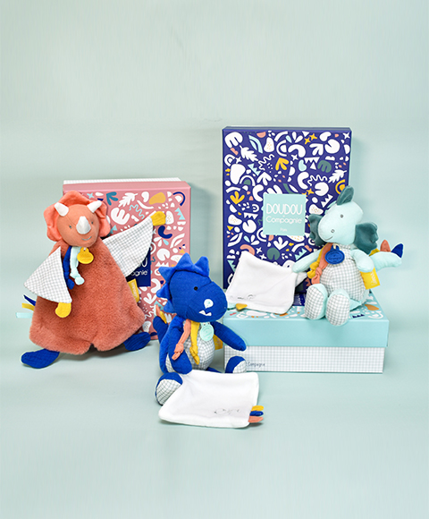 Doudou Zestaw prezentowy - Pluszowy dinozaur z kocykiem 25 cm niebieski - obrazek 6