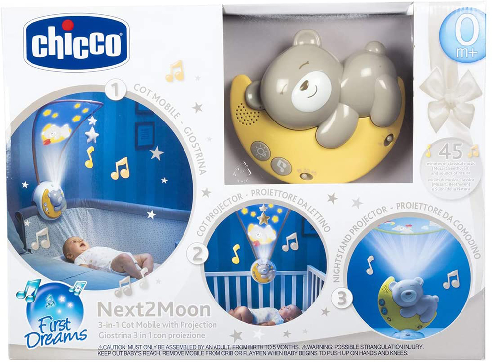 CHICCO Next2Moon 3in1 Kinderbett-Musikprojektor Für Alle Kinderbetten Einschließlich Next2Me, Neutral 0m+