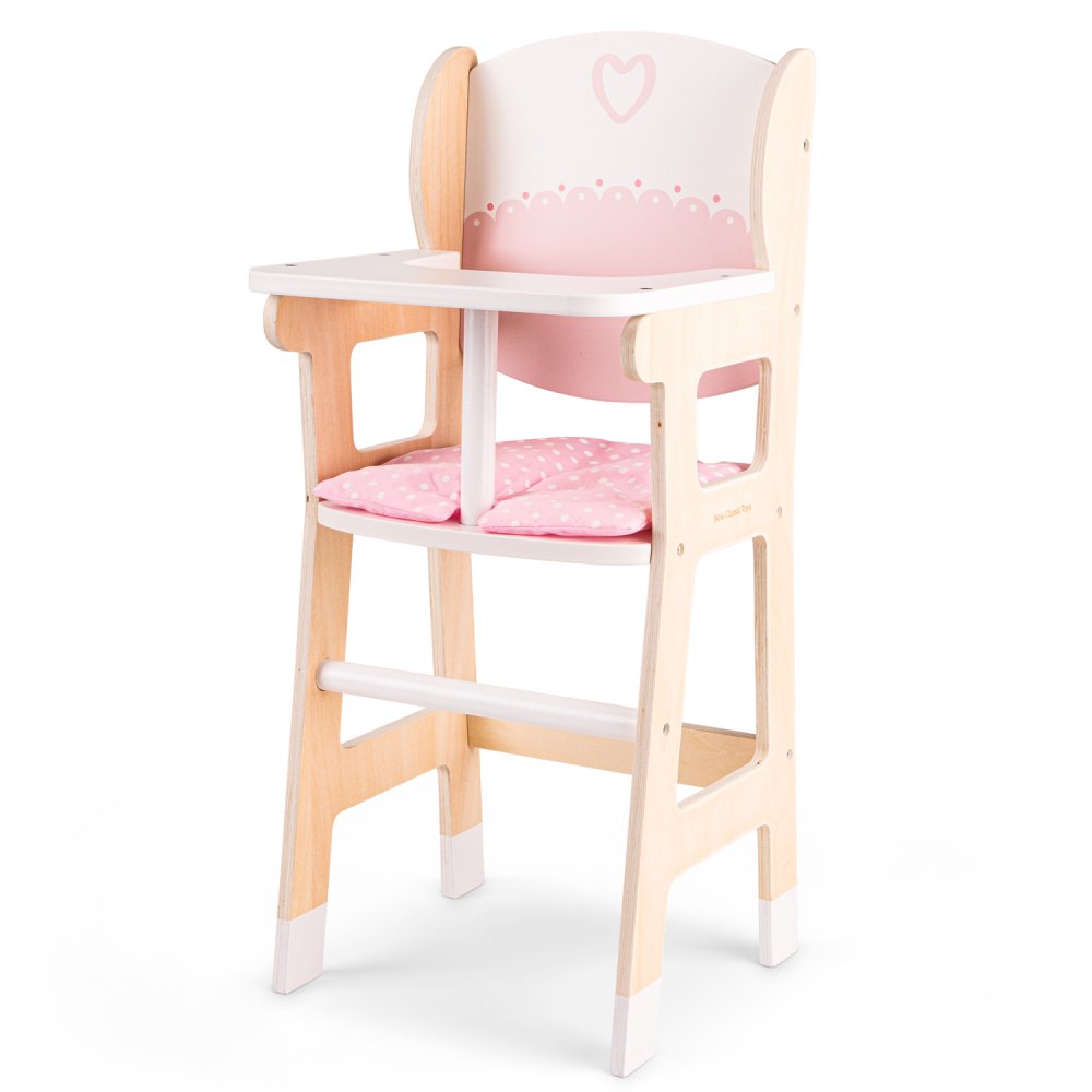 Chaise haute en bois pour poupées avec coussin