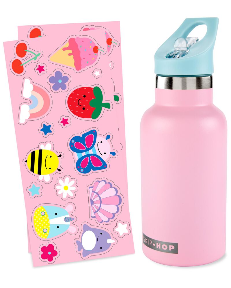 SKIP HOP Bouteille avec autocollants et paille en acier inoxydable rose 380 ml, 4 ans et + – Image 4