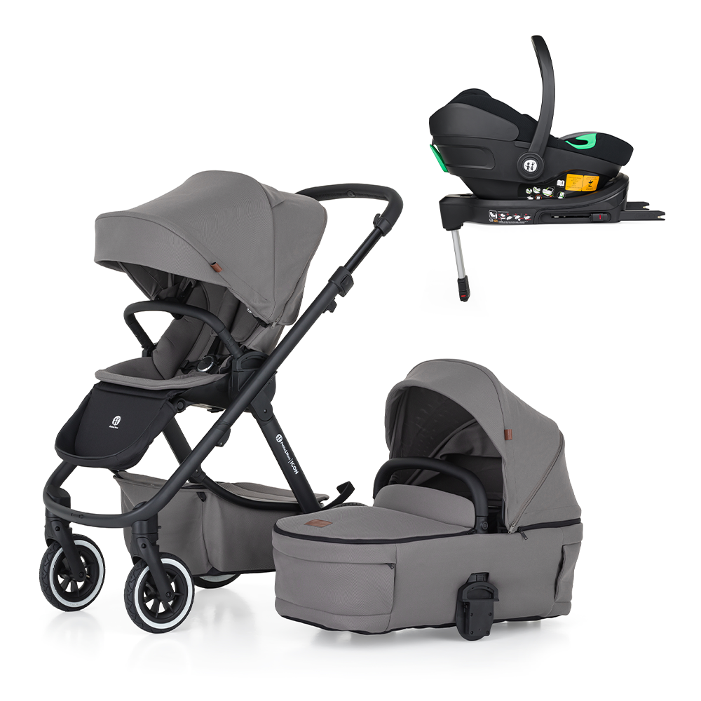 PETITE&MARS Poussette combinée ICON 2en1 Dove Grey LITE AIR + Core Pro i-Size Black Grey + Base