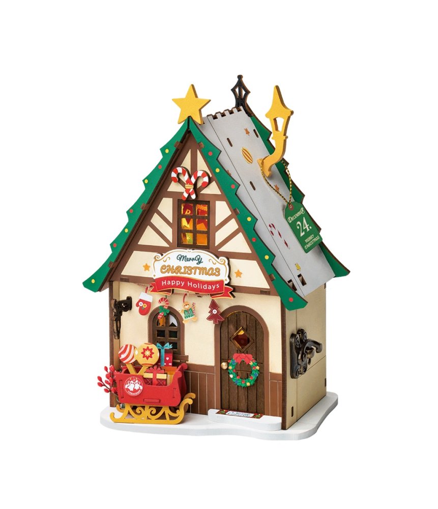 RoboTime 3D Holzpuzzle Miniatur Puppenhaus Leuchtendes Weihnachtshaus