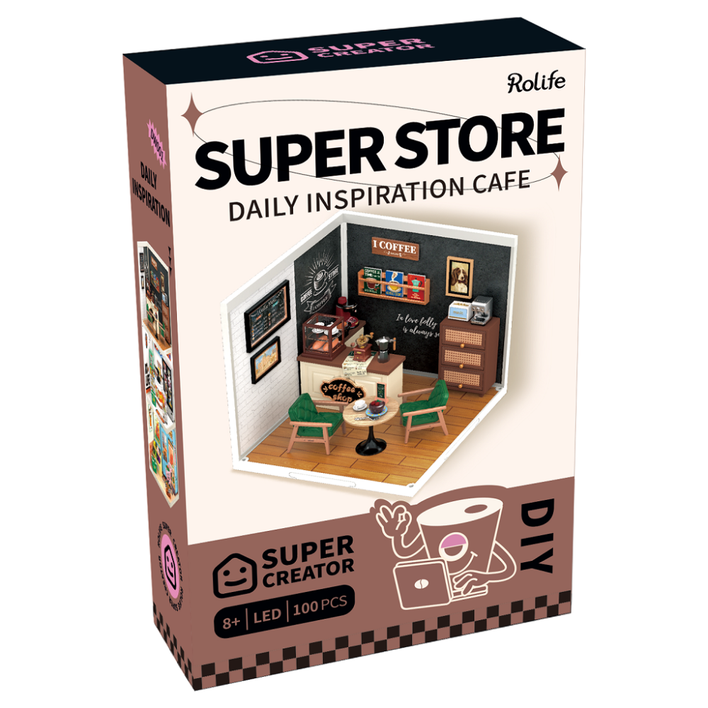 RoboTime 3D dřevěná skládačka Miniatura domečku Kavárna inspirací (obrázek 3)