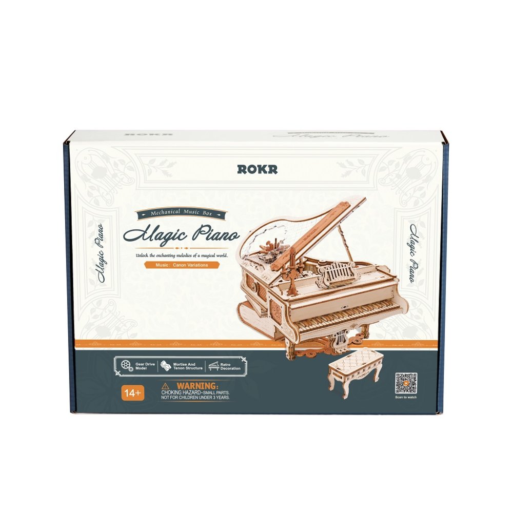 RoboTime 3D dřevěná skládačka hrací skříňky Kouzelné piano (mechanický pohon) (obrázek 3)