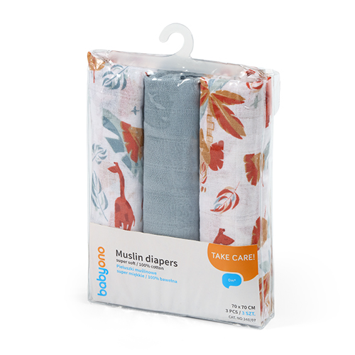 BABYONO Super Soft Muslin Diapers 3 Pcs - Blue