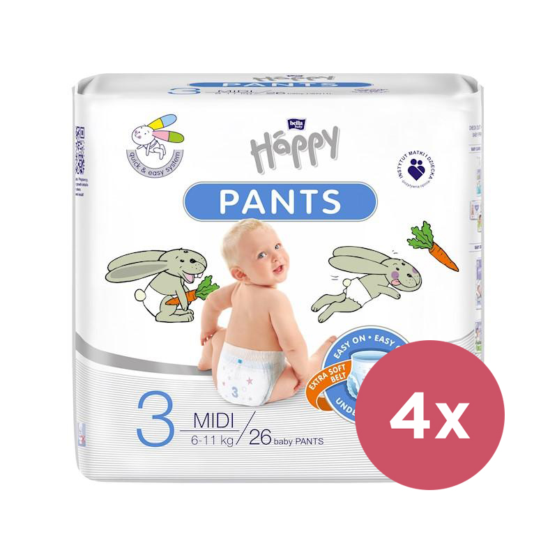 4x BELLA HAPPY Pants Nohavičky Plienkové Jednorazové 3 Midi (6-11 Kg) 26 Ks