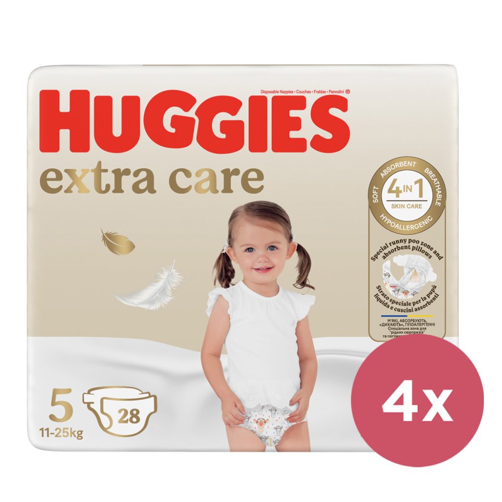 4x HUGGIES® Extra Care 5 Scutece De Unică Folosință (12-17 Kg) 28 Buc