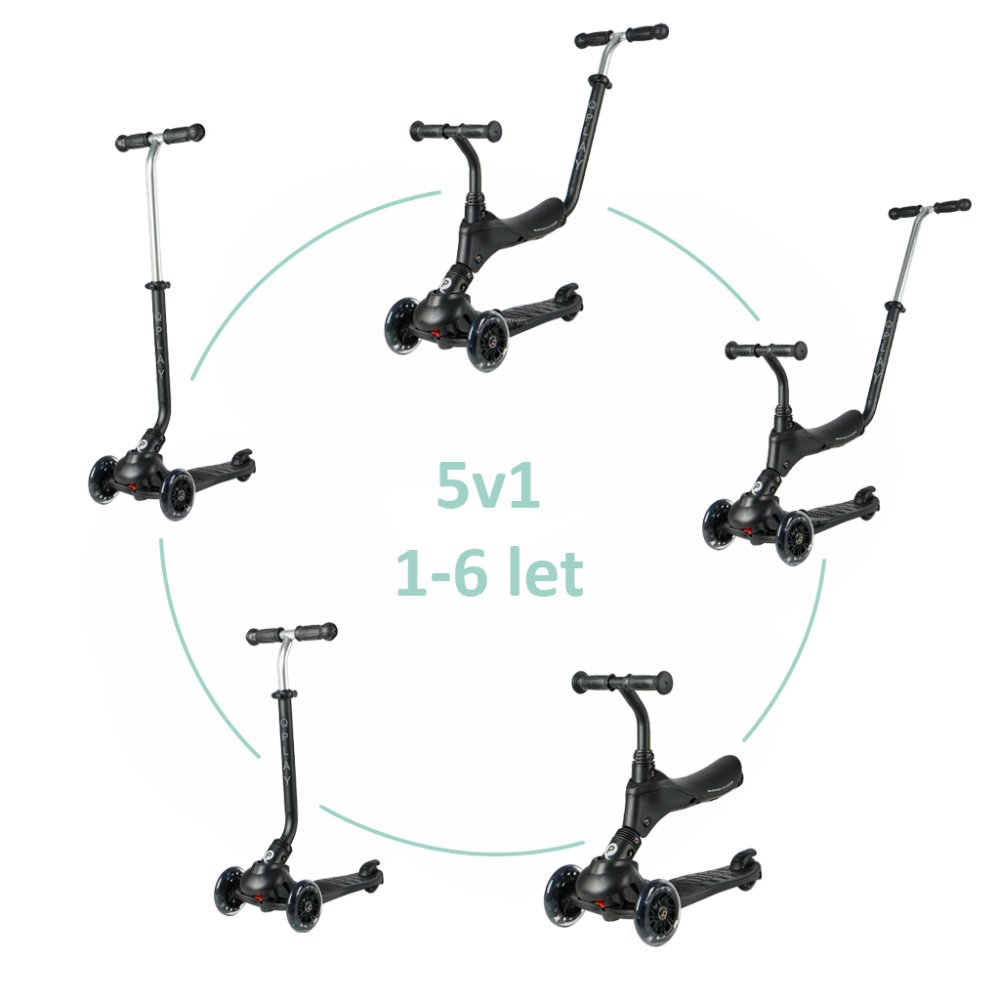 QPLAY Monopattino Sema Pro Black, 5 in 1, con ruote a LED, età 1-6 anni