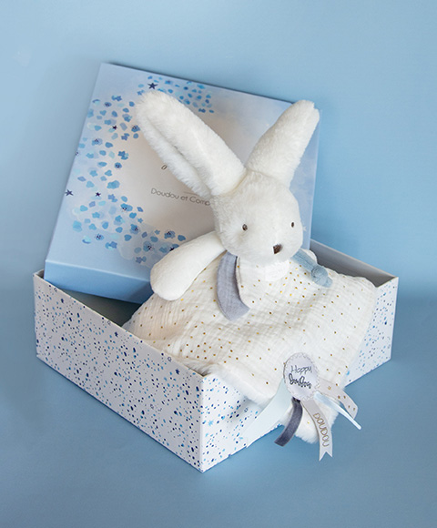 Doudou Set de regalo azul - conejito con manta cuadrada de 25 cm