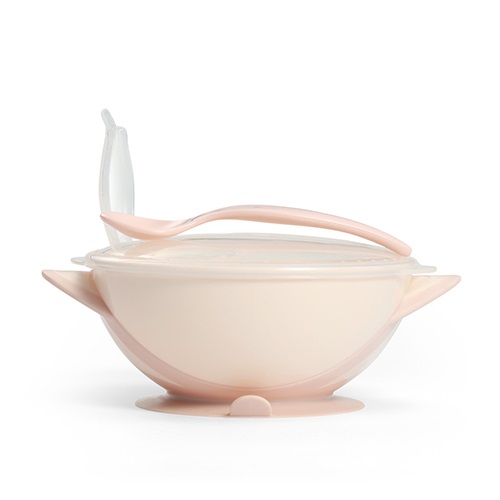 BABYONO Bol à couvercle avec ventouse et cuillère 300 ml rose clair 6m+ – Image 6