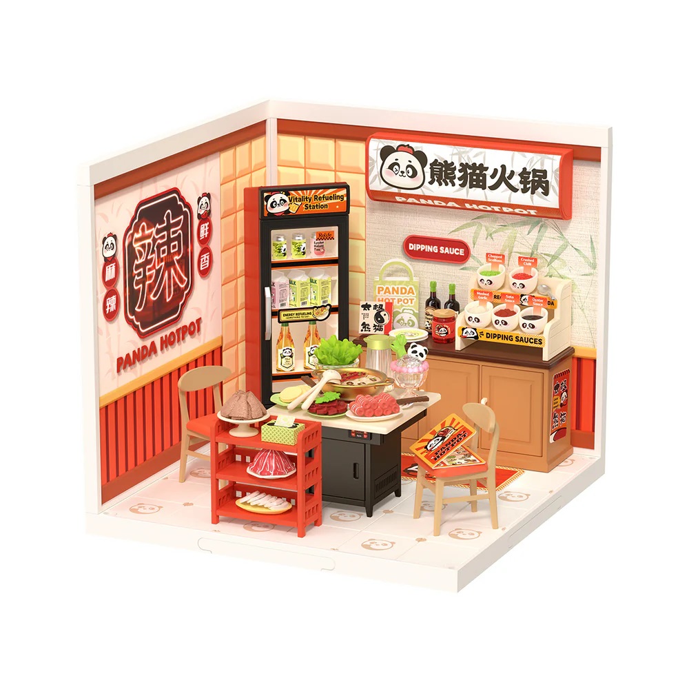 RoboTime 3D dřevěná skládačka Miniatura domečku Asijské bistro Panda Hot Pot