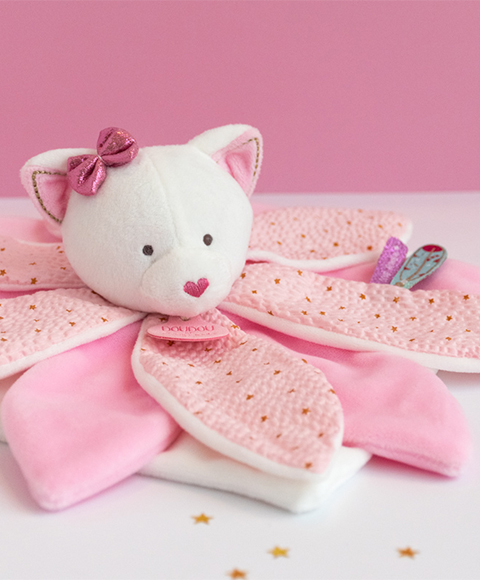 Doudou Dárková sada - plyšový muchláček růžová kočka 26 cm (obrázek 4)