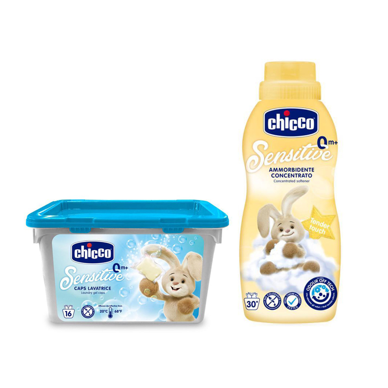 CHICCO Tvättgelkapslar Sensitive 16 St + Sköljmedel Konc. Mild Touch 750 Ml