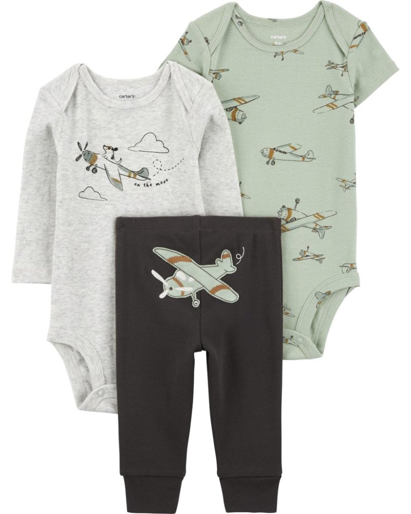 CARTER'S 3-częściowy komplet body długi. rękaw, korpus krótki. rękaw, spodnie dresowe Olive Airplane chłopięce 24m/rozm. 92