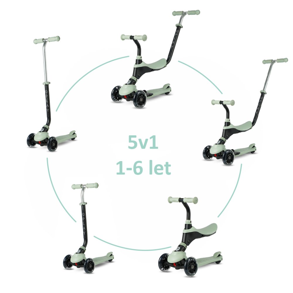 QPLAY Monopattino Sema Pro Green, 5 in 1, con ruote a LED, età 1-6 anni