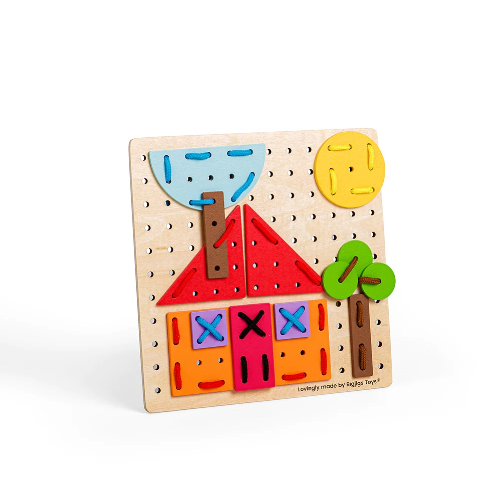 Bigjigs Toys Dřevěná šněrovací hra Geometrické tvary (obrázek 3)
