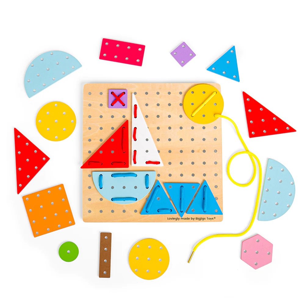 Bigjigs Toys Dřevěná šněrovací hra Geometrické tvary (obrázek 6)