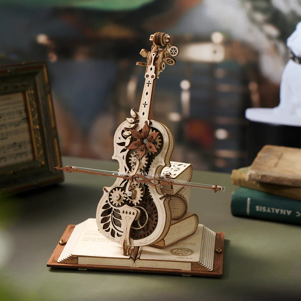RoboTime 3D dřevěná skládačka hrací skříňky Kouzelné violoncello barevné (mechanický pohon) (obrázek 4)