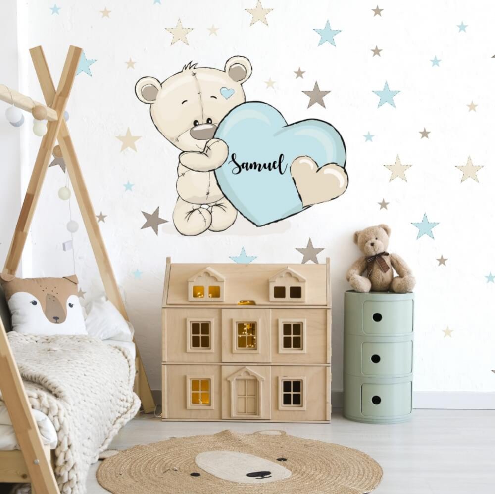 Sticker Mural Bleu Pour Enfant - Ours En Peluche Mentholé Avec Prénom Et Coeur