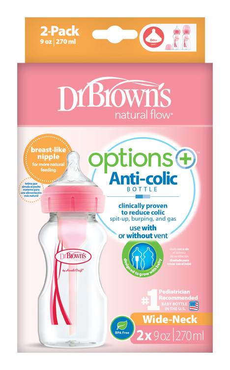 DR.BROWN'S Babyfles Anti-koliek Brede Hals 2x270ml, Roze (WB92601)