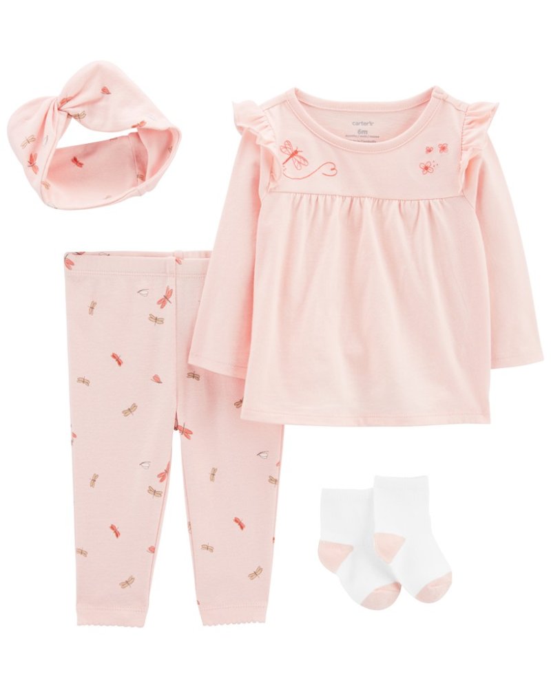 Ensemble T-shirt long 4 pièces CARTER'S. manche, leggings, bandeau, chaussettes Pink Dragonfly fille MFL 12m/taille. 80