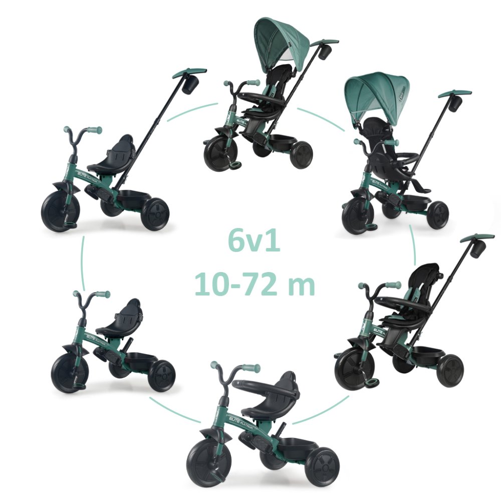 Tricycle QPLAY Elite Platinum Green, 6 en 1, âge 10-72 mois