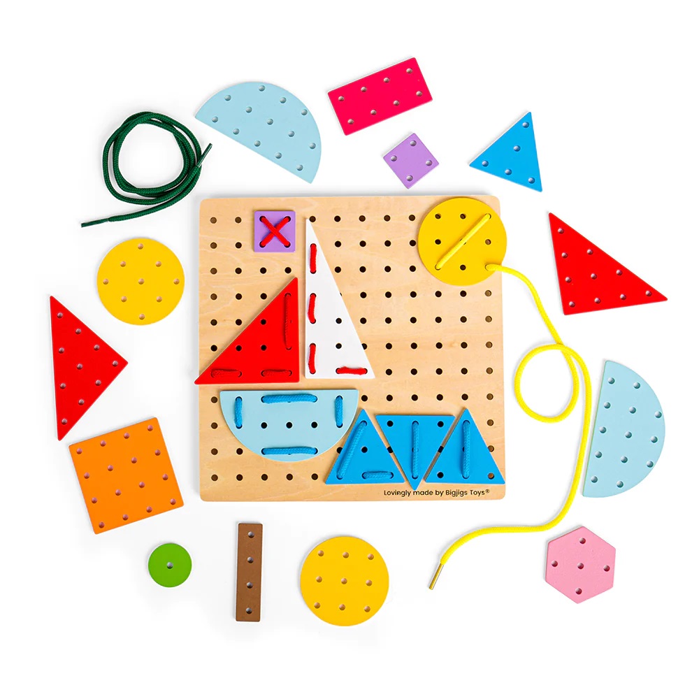 Bigjigs Toys Dřevěná šněrovací hra Geometrické tvary (obrázek 4)