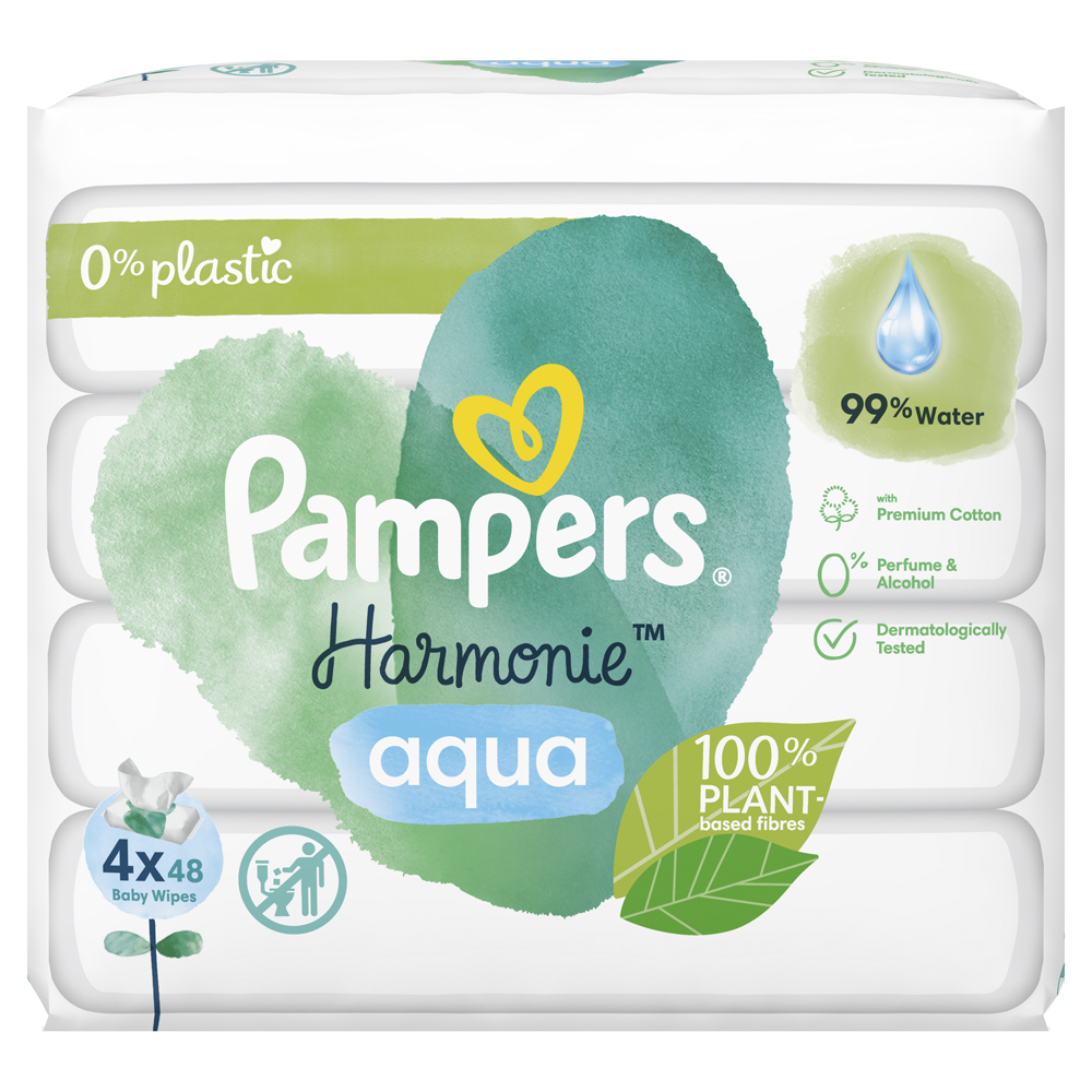 PAMPERS Harmonie Aqua Vlhčené Ubrousky Plastic Free 4x48 Ks = 192 Ks