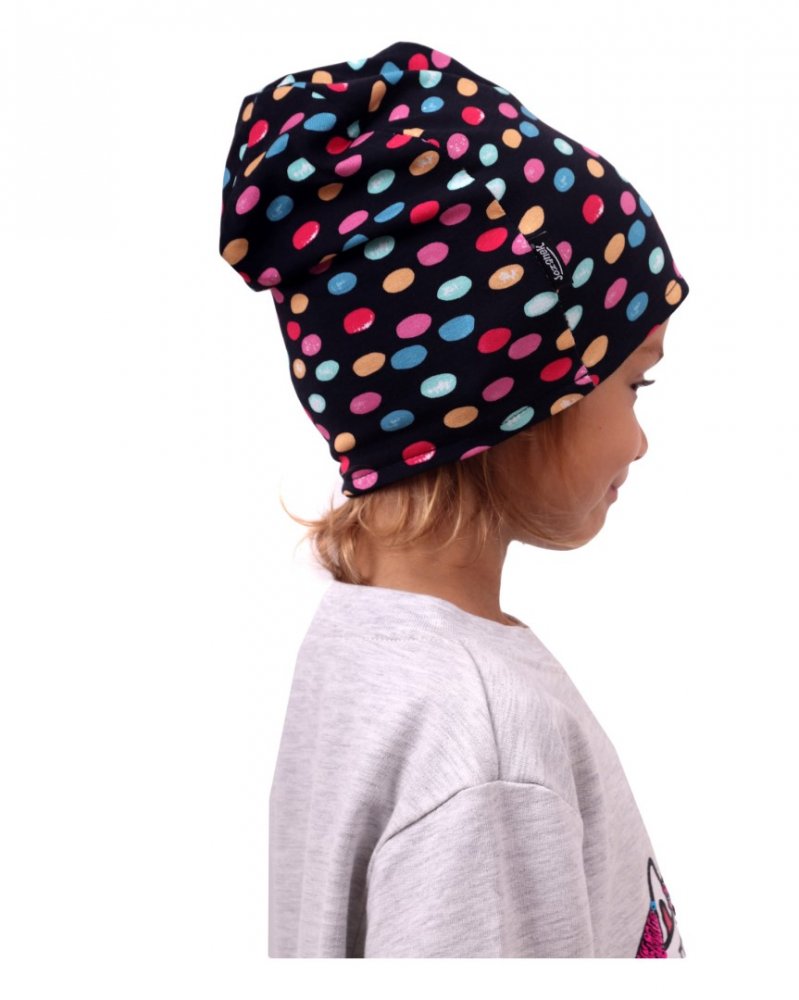 Berretto in cotone per bambini, reversibile, nero + nastri blu M (4-14 let)