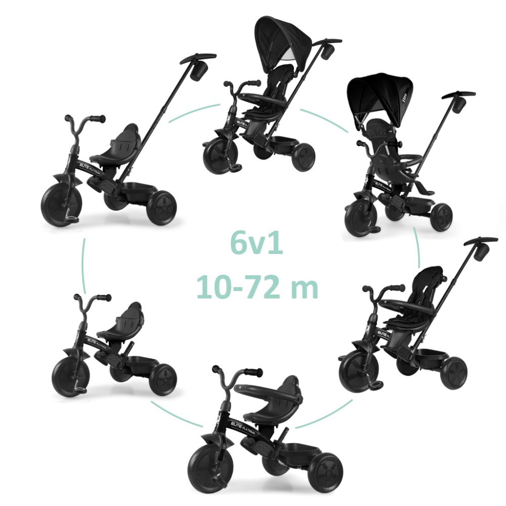 QPLAY Tricycle Elite Platinum Black, 6 en 1, âge 10-72 mois