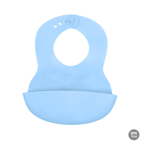 BABYONO Bavaglino morbido in plastica con tasca senza BPA blu 6m+ - immagine 5