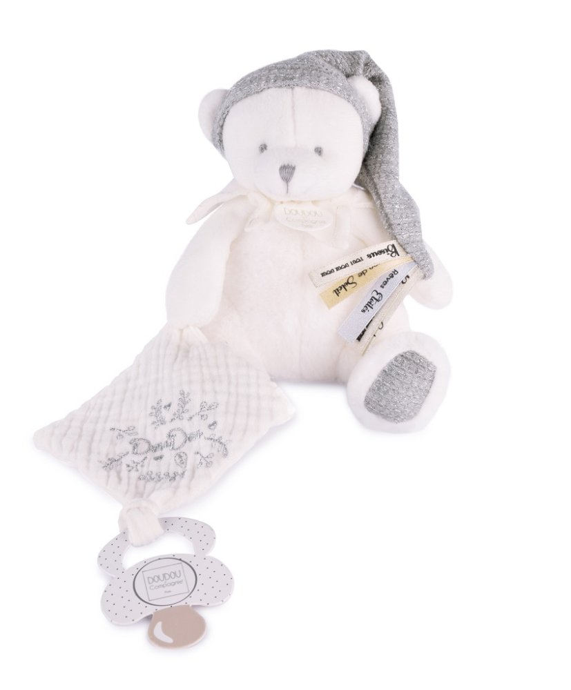 Doudou Zestaw prezentowy Pluszowy miś z uchwytem na smoczek i kocykiem szary 20 cm