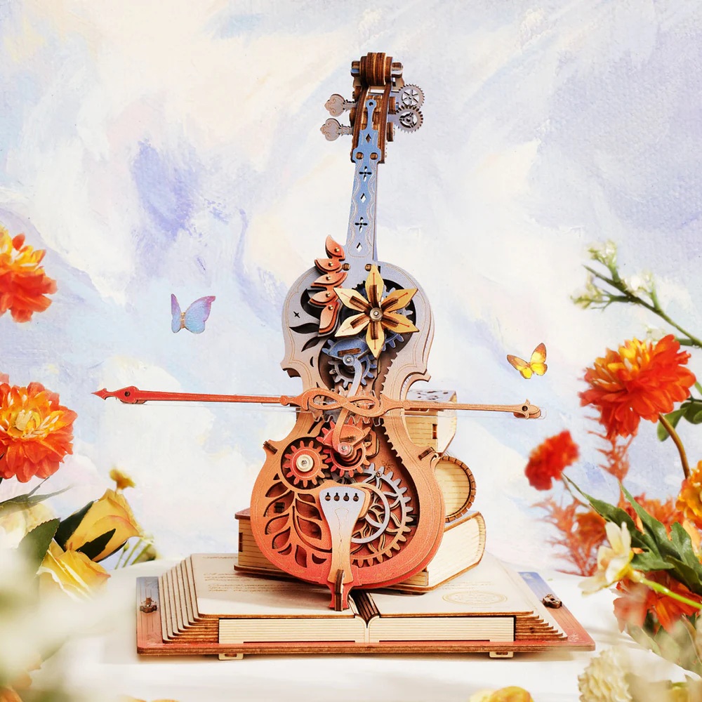 RoboTime 3D dřevěná skládačka hrací skříňky Kouzelné violoncello barevné (mechanický pohon) (obrázek 5)