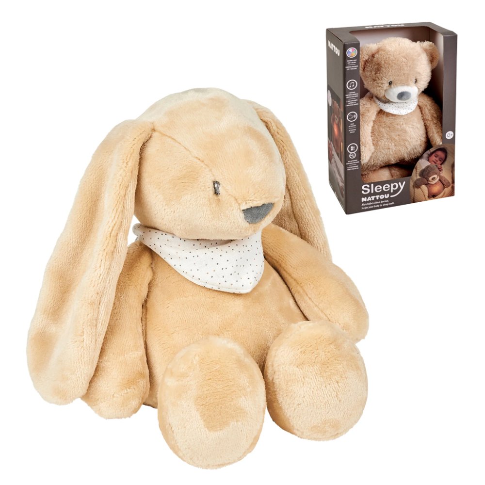 NATTOU Uspáváček Plyšový Hudební Se Světýlkem A Senzorem Pláče 4v1 Sleepy Bunny Pale Brown 0m+