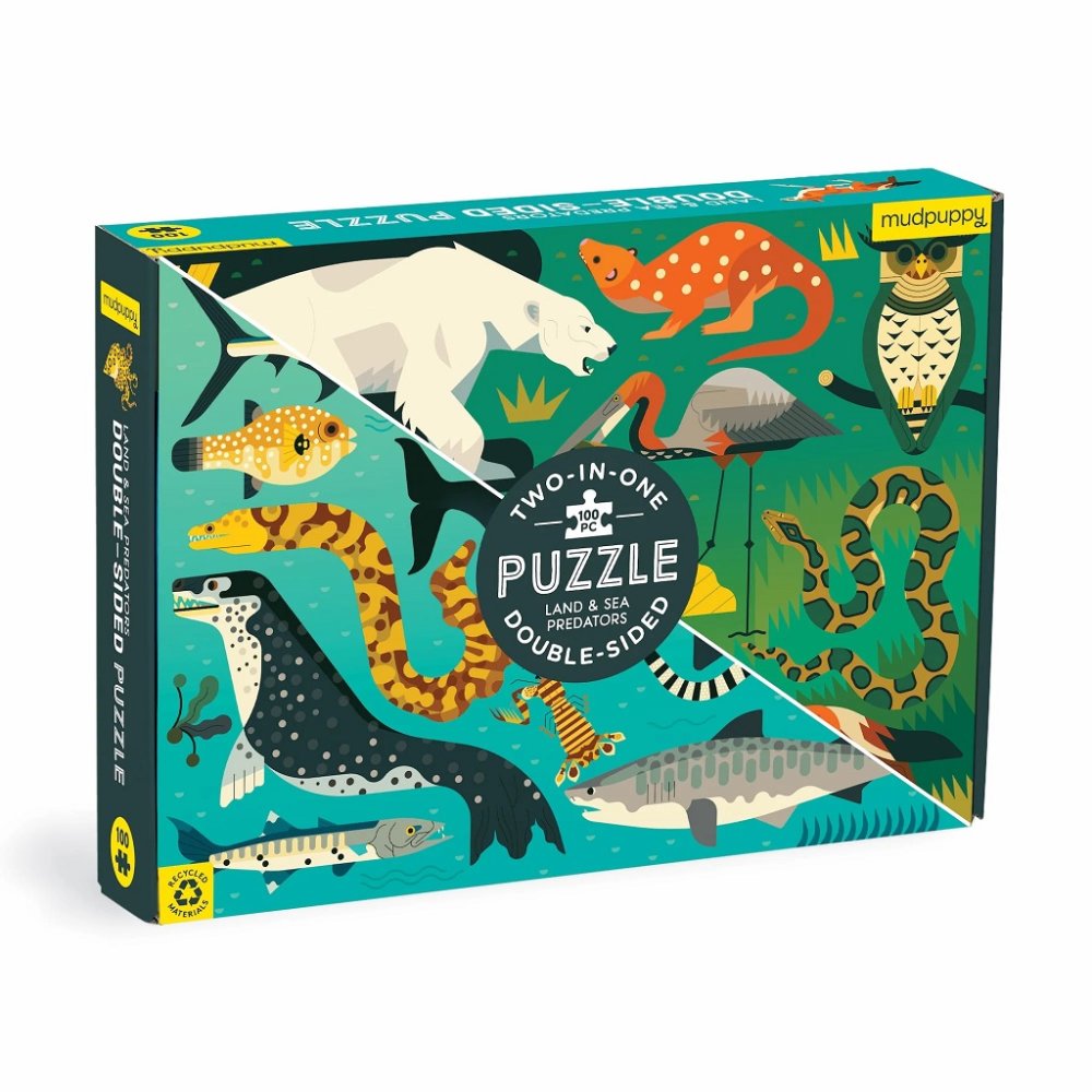 Mudpuppy Doppelseitiges Puzzle Land- und Meeresräuber 100 Teile