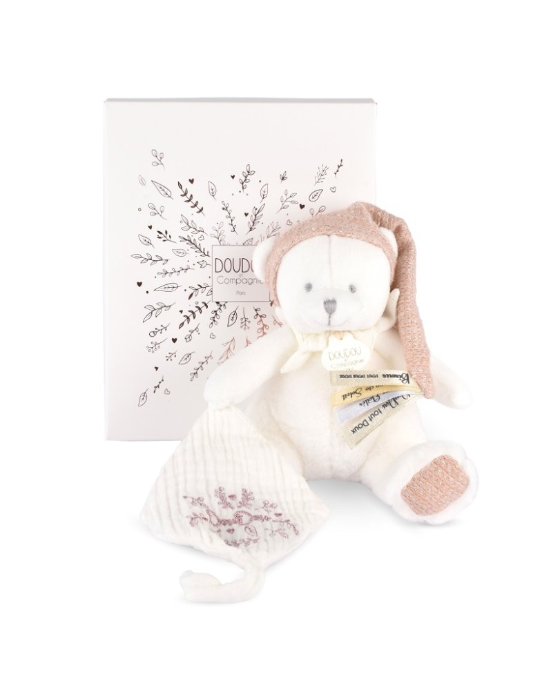 Doudou Zestaw prezentowy Pluszowy miś z uchwytem na smoczek i kocykiem różowy 20 cm
