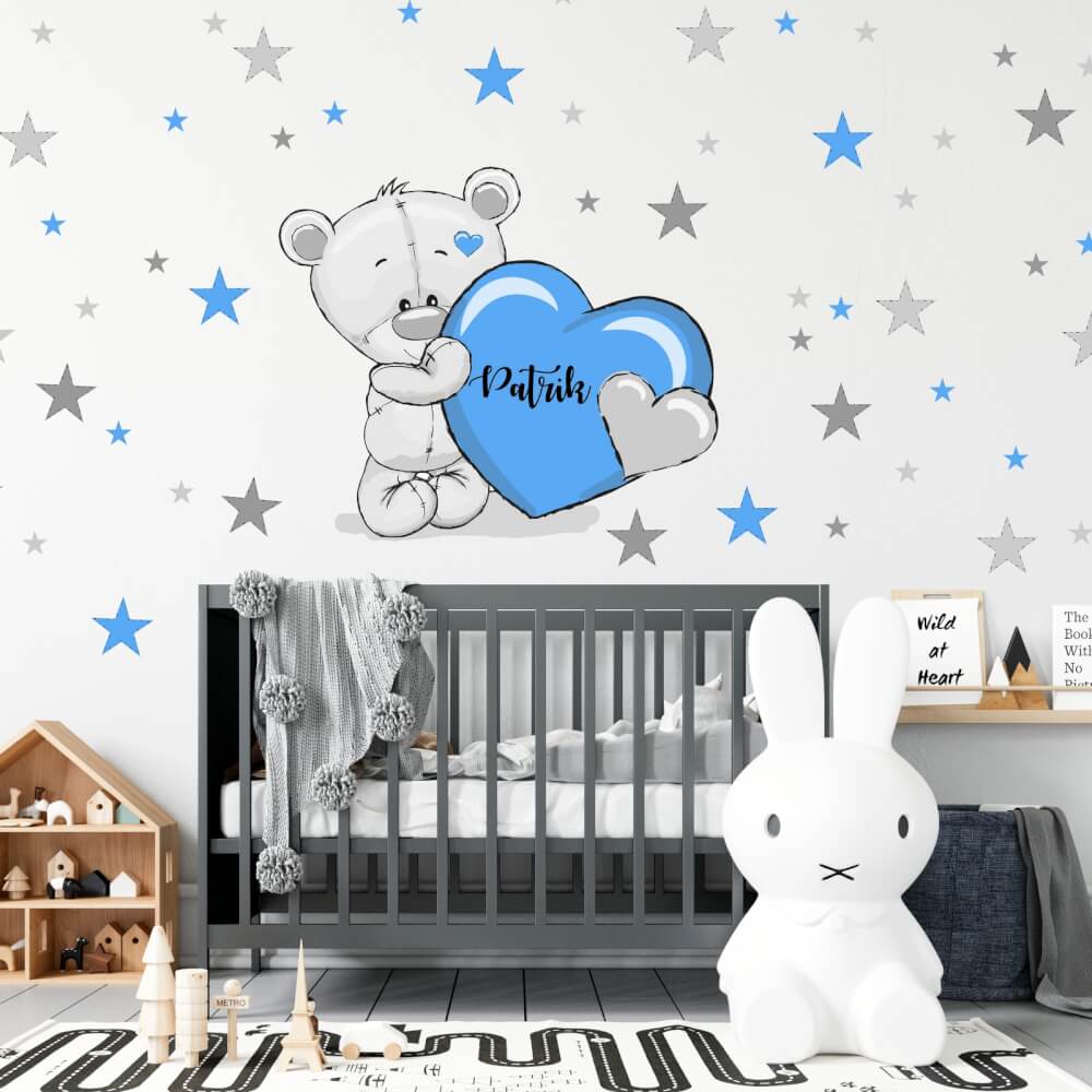 Sticker Mural Garçon - Ours En Peluche Avec étoiles De Couleur Bleue