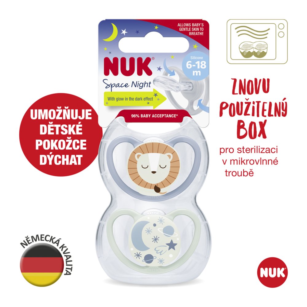 NUK Sucette Space Night Silicone, V2, 6-18 M, Boîte De 2 Pcs - Garçon