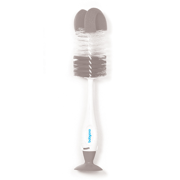 BABYONO Brosse Pour Nettoyer Biberons Et Tétines 2 En 1 Avec Ventouse Grise