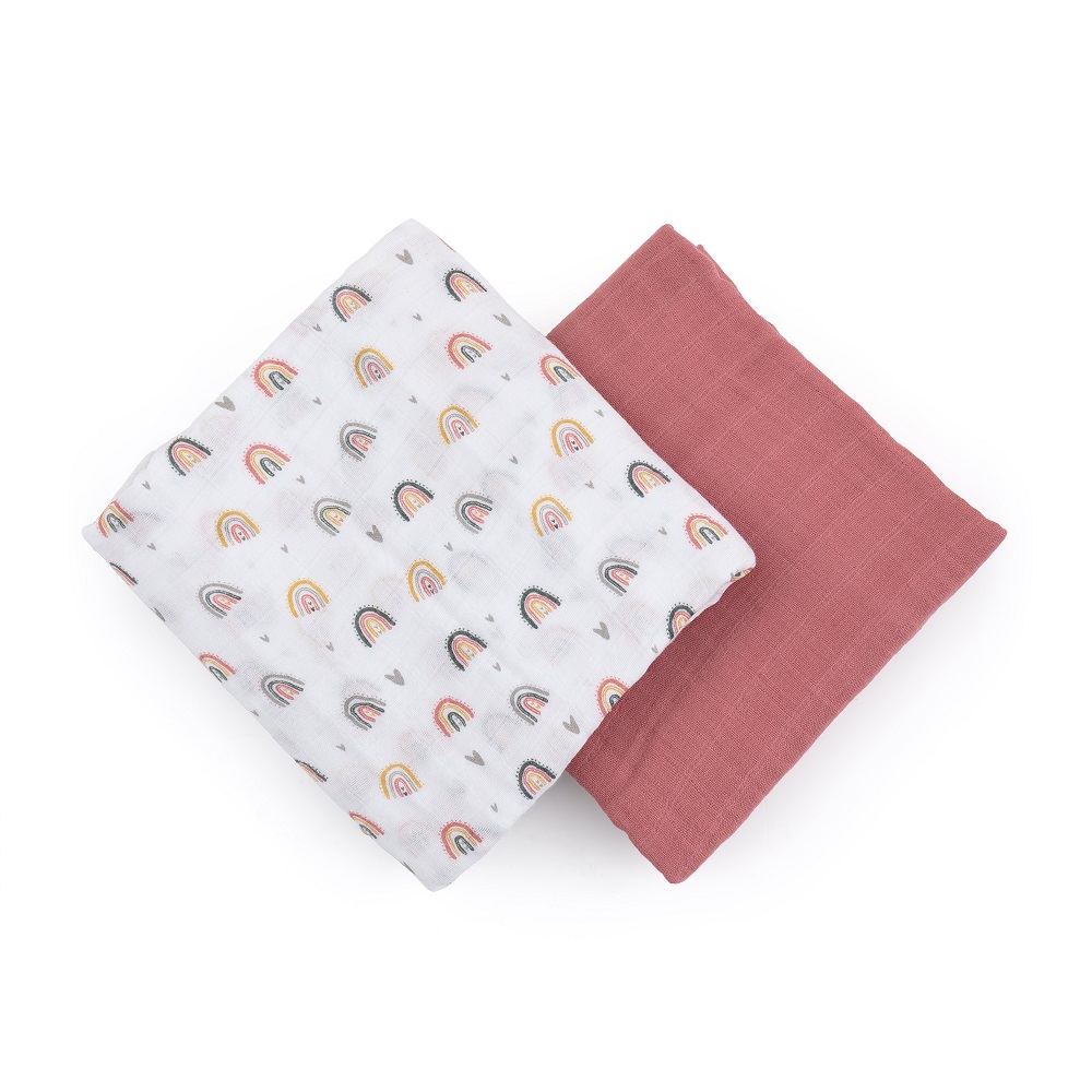 PETITE&MARS Bambus-Musselin-Decke 2 Stk. Misty Rose Rainbow 2in1, 120 X 120 Cm