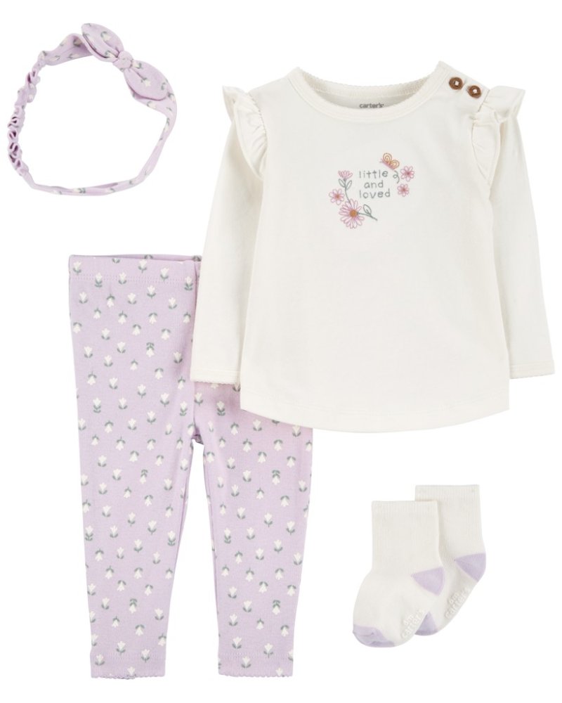 Ensemble T-shirt long 4 pièces CARTER'S. manche, pantalon de survêtement, chapeau, chaussettes Olive/Ivoire Rayé garçon MFL 9m/taille. 74
