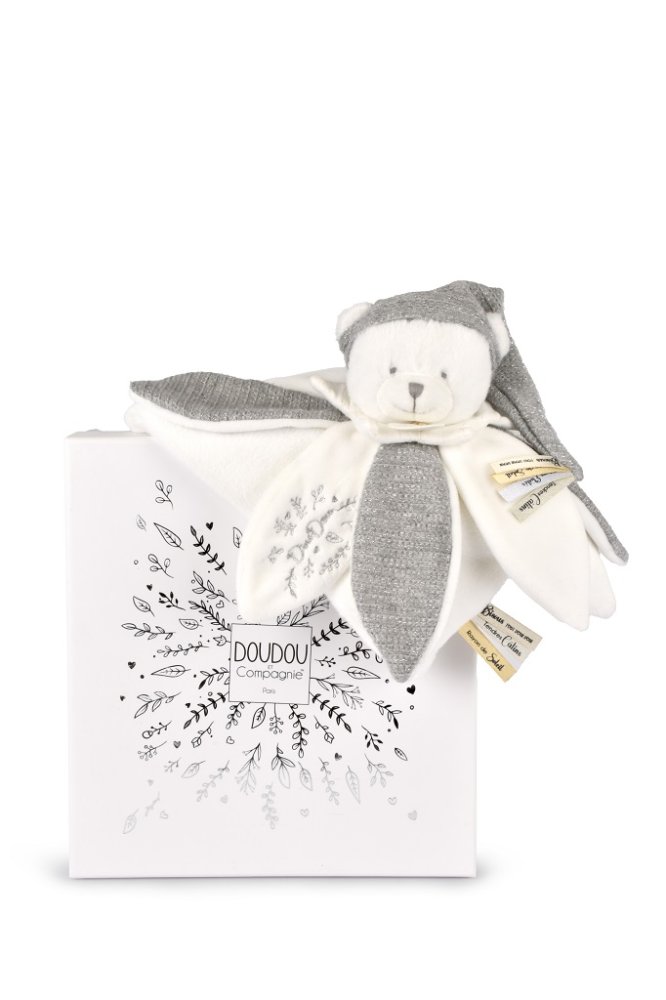 Doudou Geschenkset Plüsch Schmusetuch Teddybär mit Mütze 25 cm grau