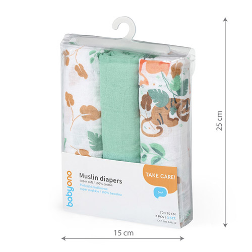 BABYONO Couches Mousseline Super Douces 3 Pcs - Menthe, 70x70 Cm