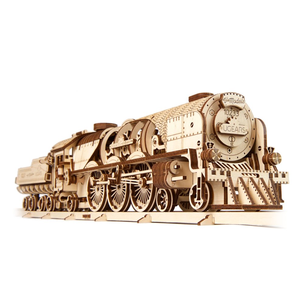 Ugears 3D dřevěné mechanické puzzle V-Express parní lokomotiva 4-6-2 s tendrem (obrázek 2)