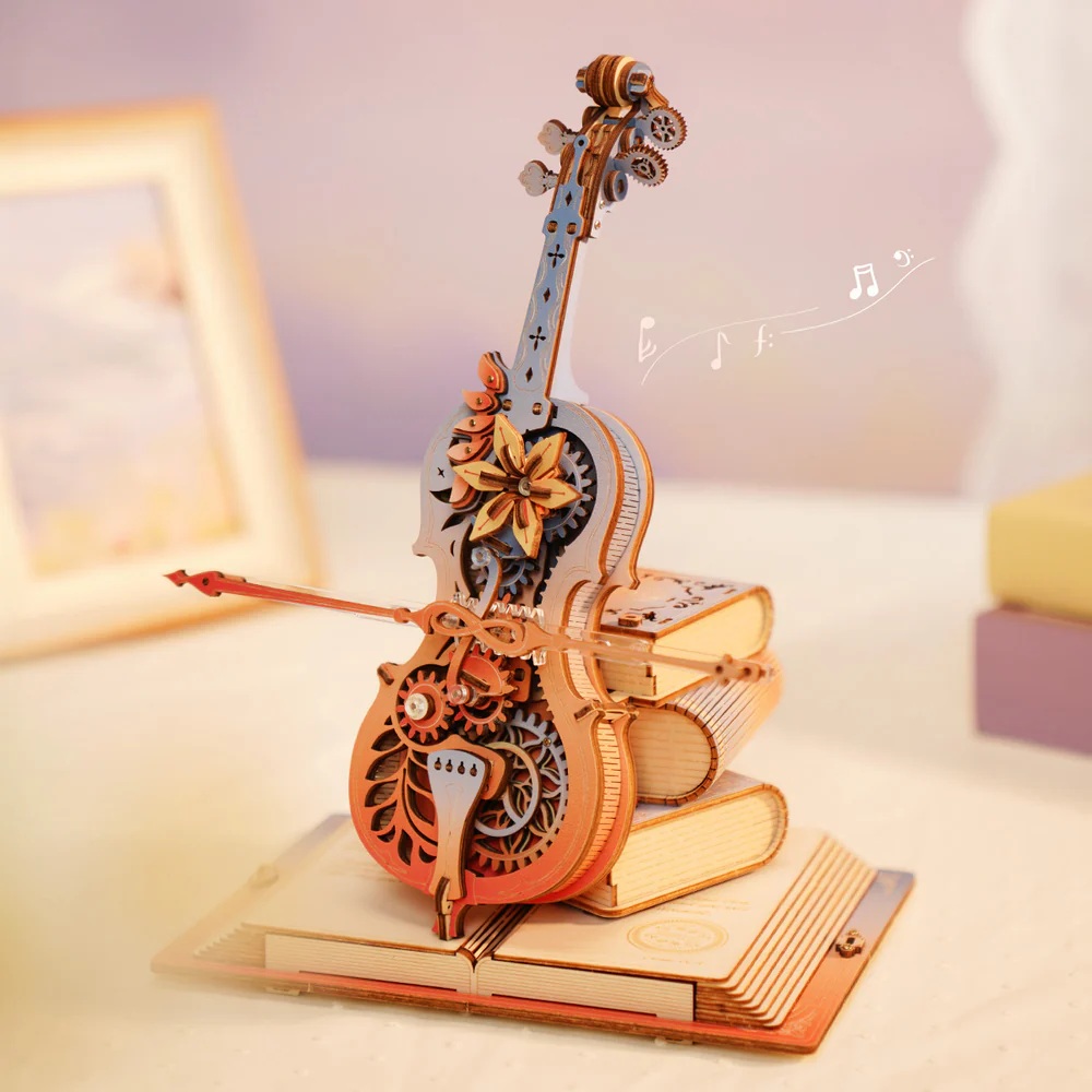 RoboTime 3D dřevěná skládačka hrací skříňky Kouzelné violoncello barevné (mechanický pohon) (obrázek 3)