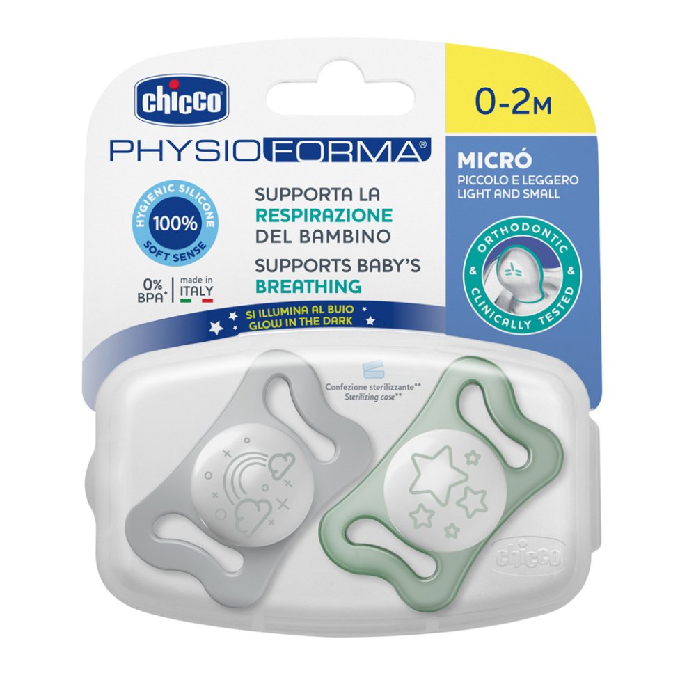 CHICCO Ciuccio Physio Micro Silicone 0-2m Notte 2 Pz