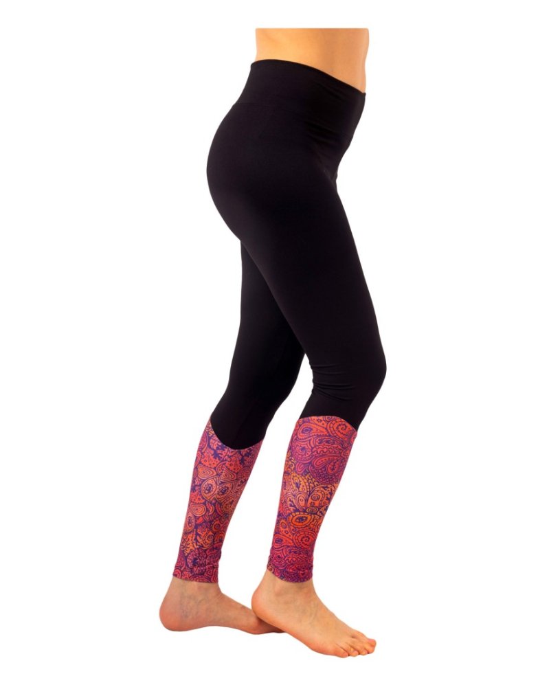Damen Leggings mit hoher Taille, schwarz + orange Yoga-Muster XL
